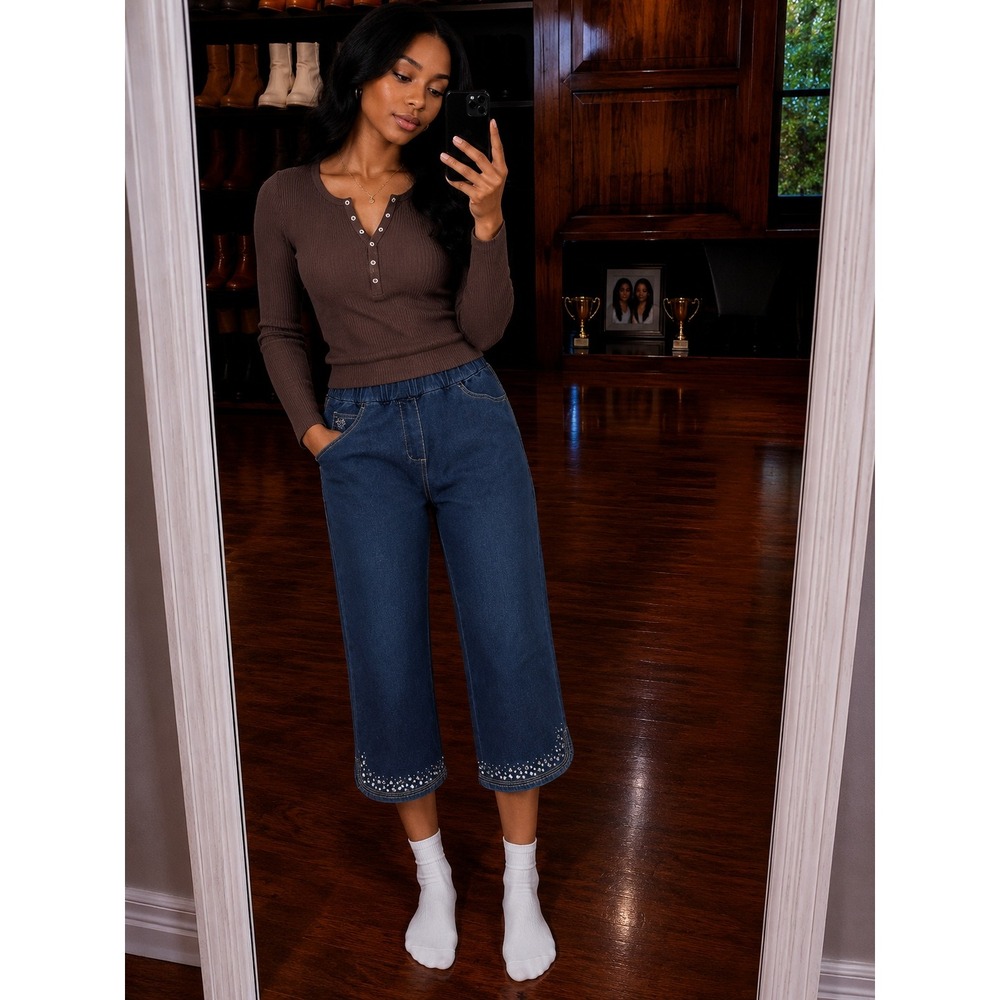 Quacker Factory DreamJeannes Embellished Crop Pants M Short Indigo Blue Stain